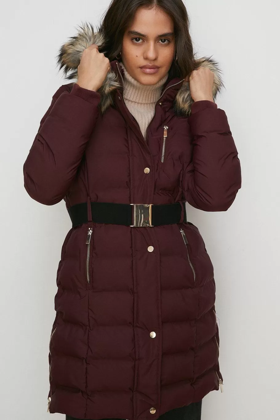 Oasis Heat Seal Midi Puffer Jacket Berry Cheap