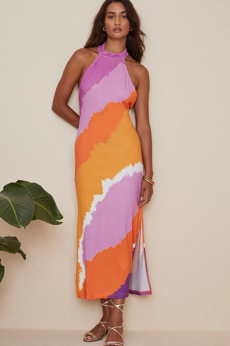 Oasis High Neck Tie Dye Stripe Midi Dress Orange Shop