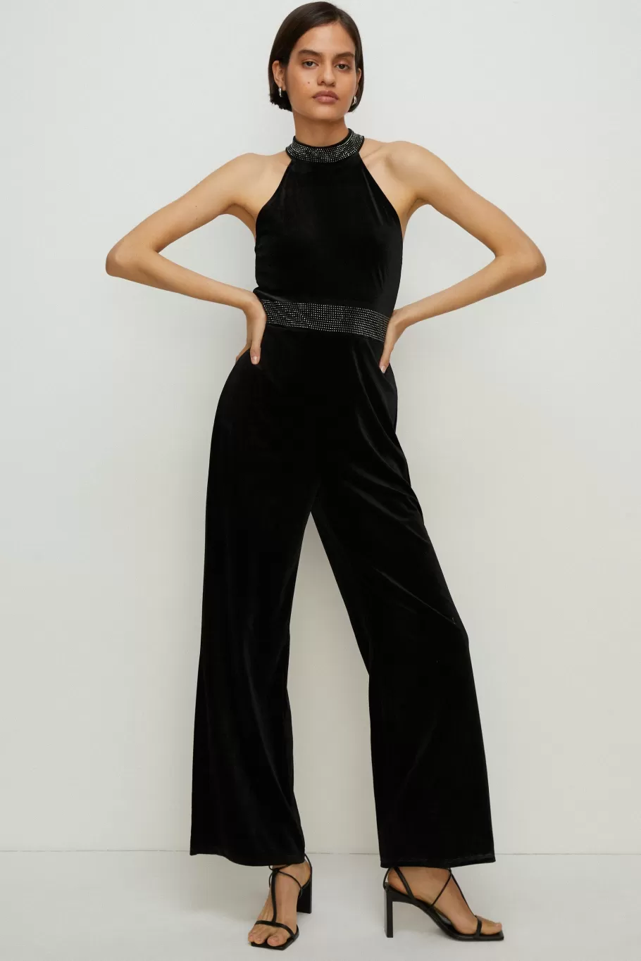 Oasis Hotfix Velvet Halter Jumpsuit Black Clearance