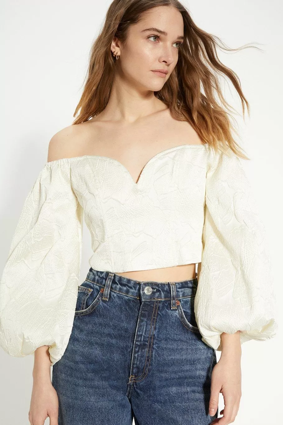 Oasis Jacquard Bardot Puff Sleeve Crop Top Ivory Sale