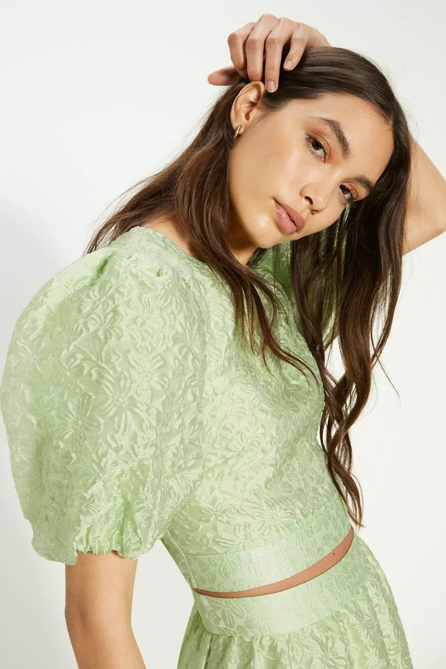 Oasis Jacquard Puff Sleeve Bow Back Top Green Best Sale