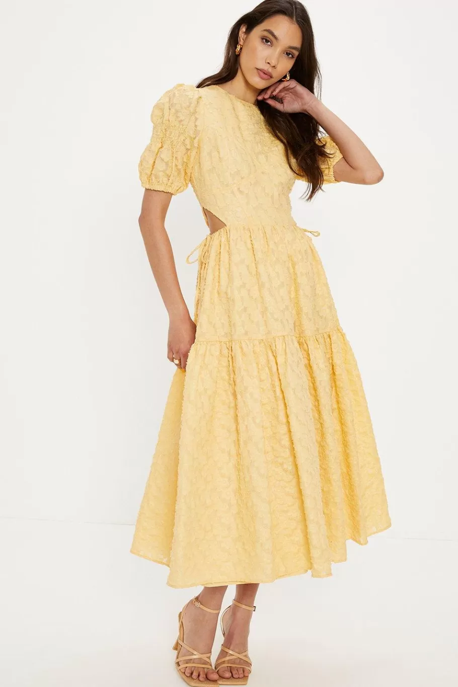 Oasis Jacquard Tired Hem Cut-Out Puff Sleeve Midi Dress Mustard New