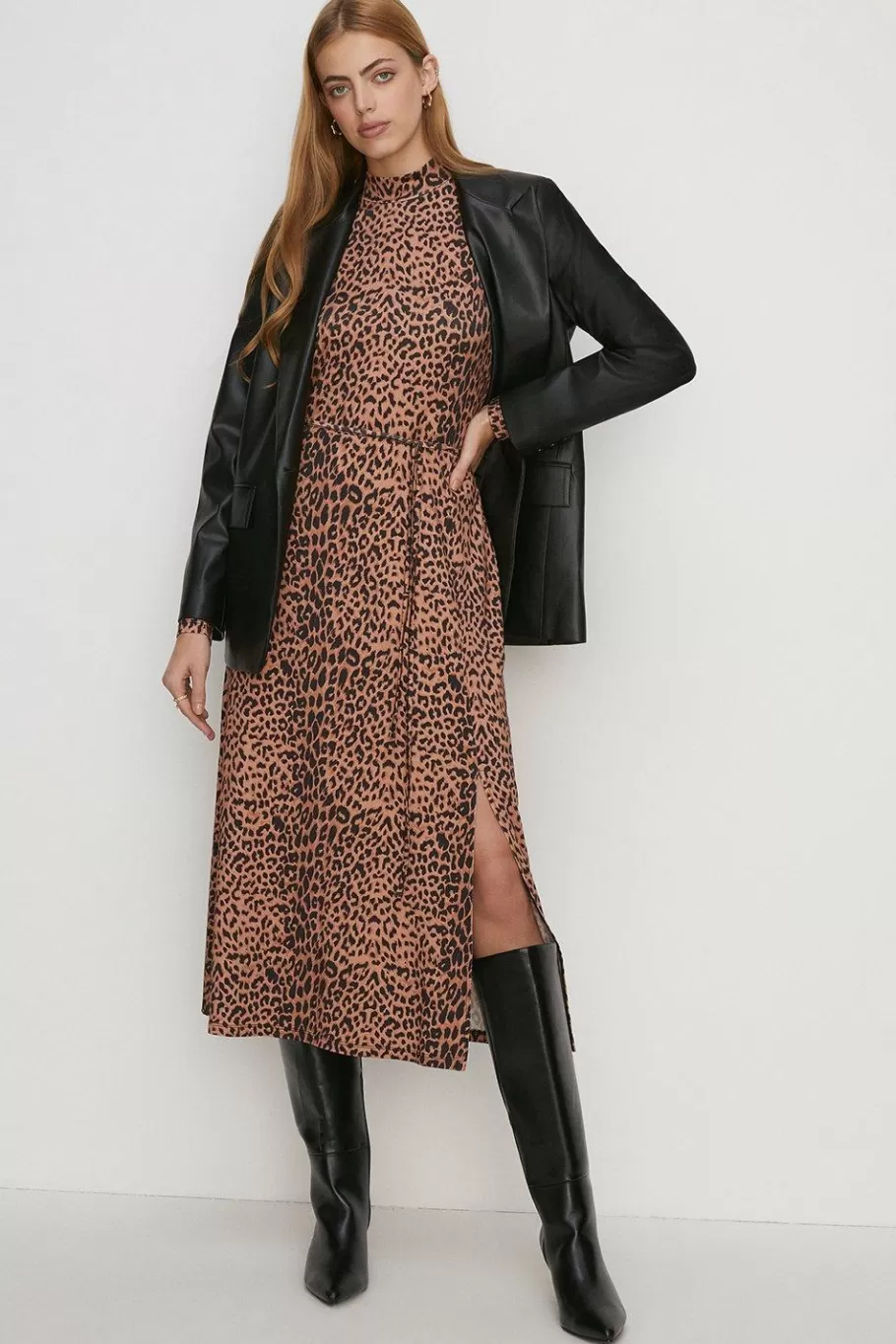 Oasis Jersey Animal Funnel Neck Belted Midi Dress Brown Best Sale