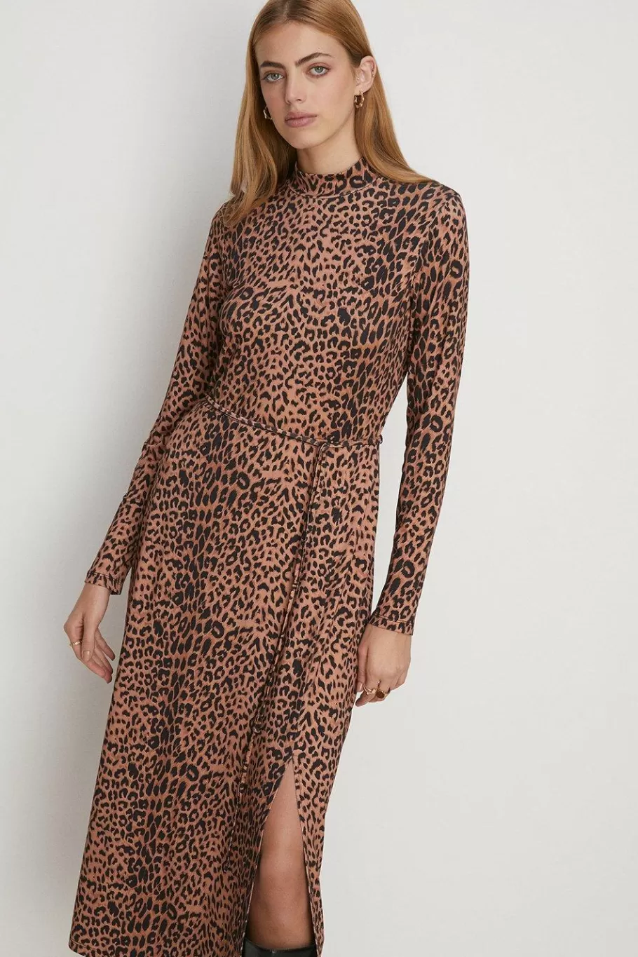 Oasis Jersey Animal Funnel Neck Belted Midi Dress Brown Best Sale