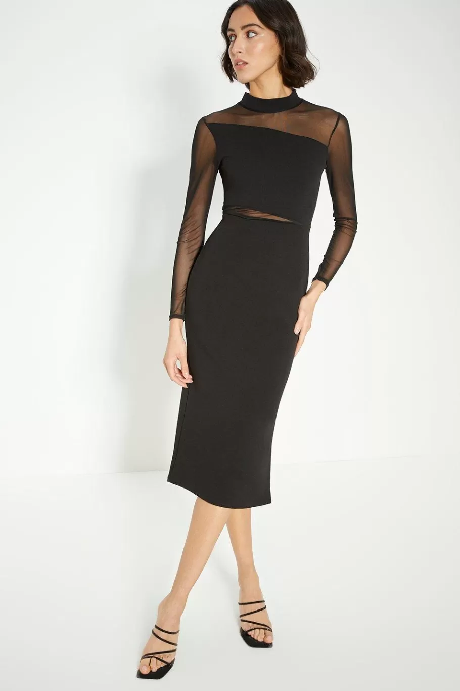 Oasis Jersey Crepe Mesh Detail Funnel Midi Dress Black Outlet