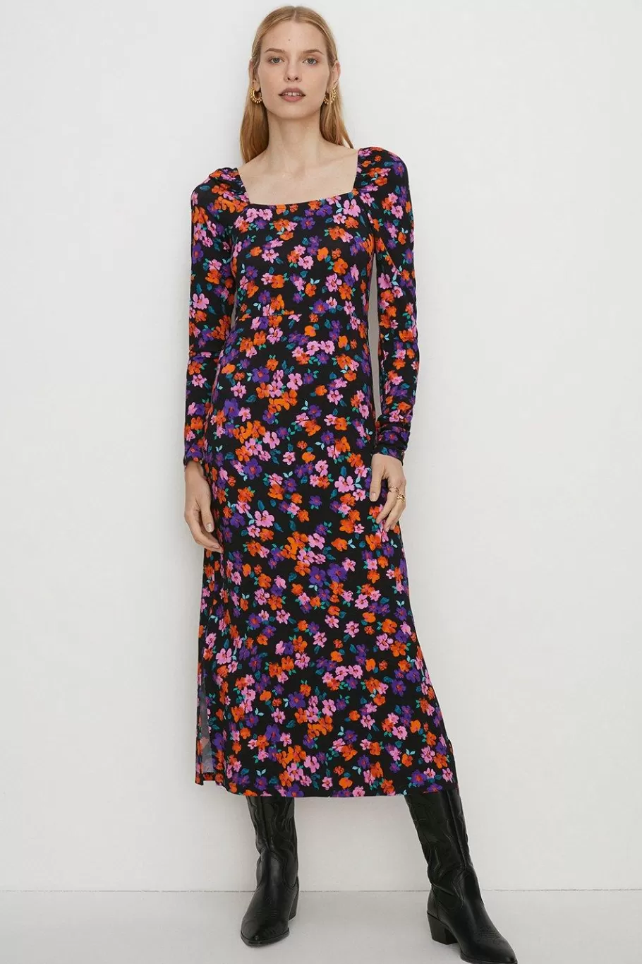 Oasis Jersey Floral Square Neck Midi Dress Black Outlet