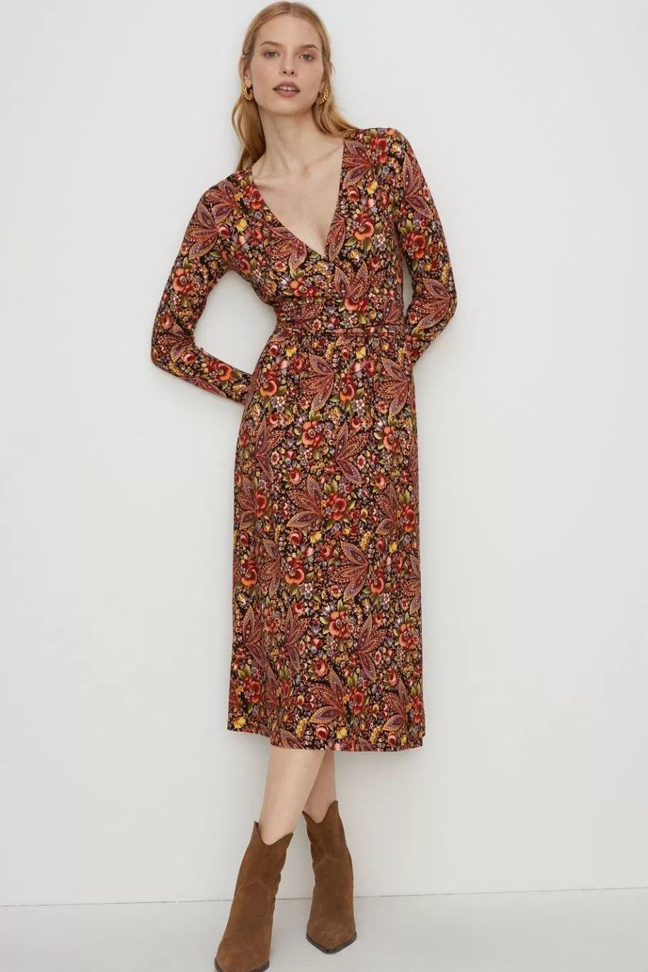 Oasis Jersey Paisley Fixed Wrap Midi Dress Red Flash Sale