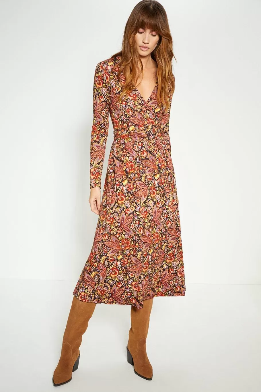 Oasis Jersey Paisley Print Wrap Midi Dress Red Store