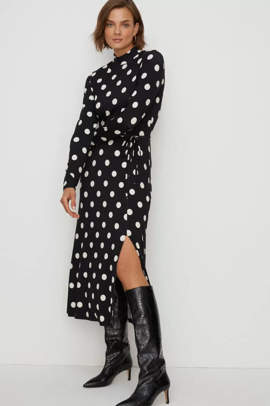 Oasis Jersey Spot Funnel Neck Belted Midi Dress Black Shop