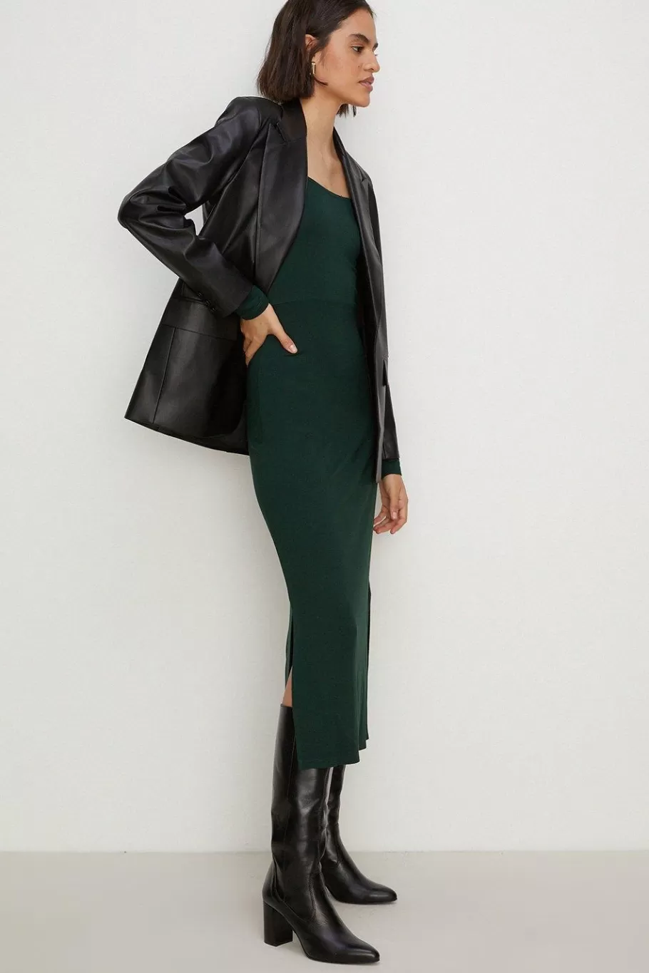 Oasis Jersey Square Neck Midi Dress Dark Green Outlet