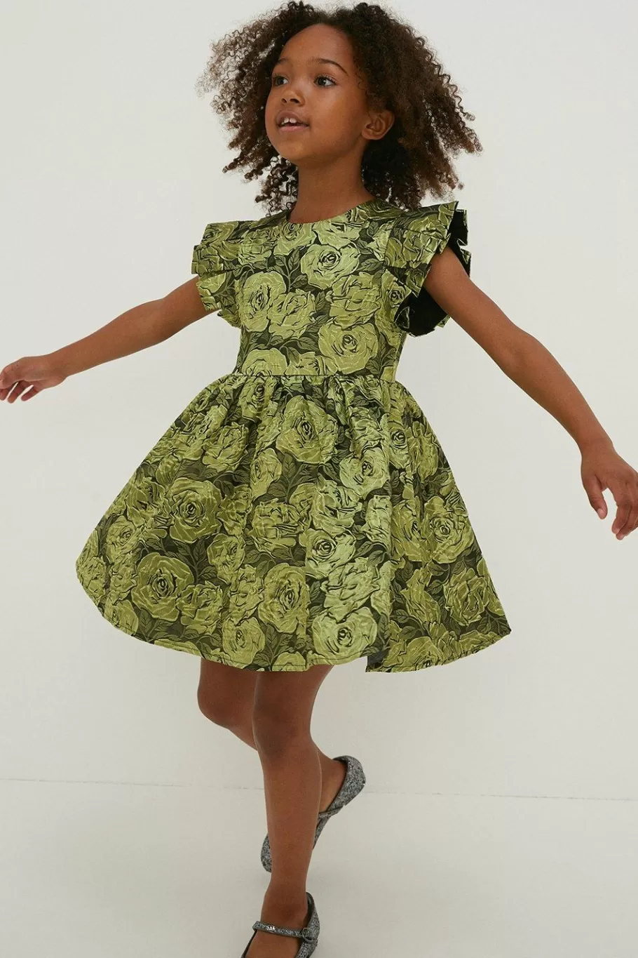 Oasis Kids Floral Jacquard Ruffle Detail Mini Dress Green Discount