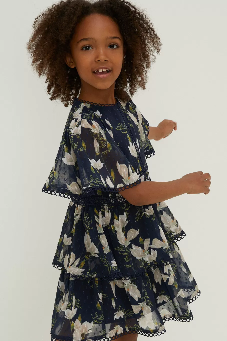 Oasis Kids Magnolia Floral Angel Sleeve Lace Dobby Dress Navy Store