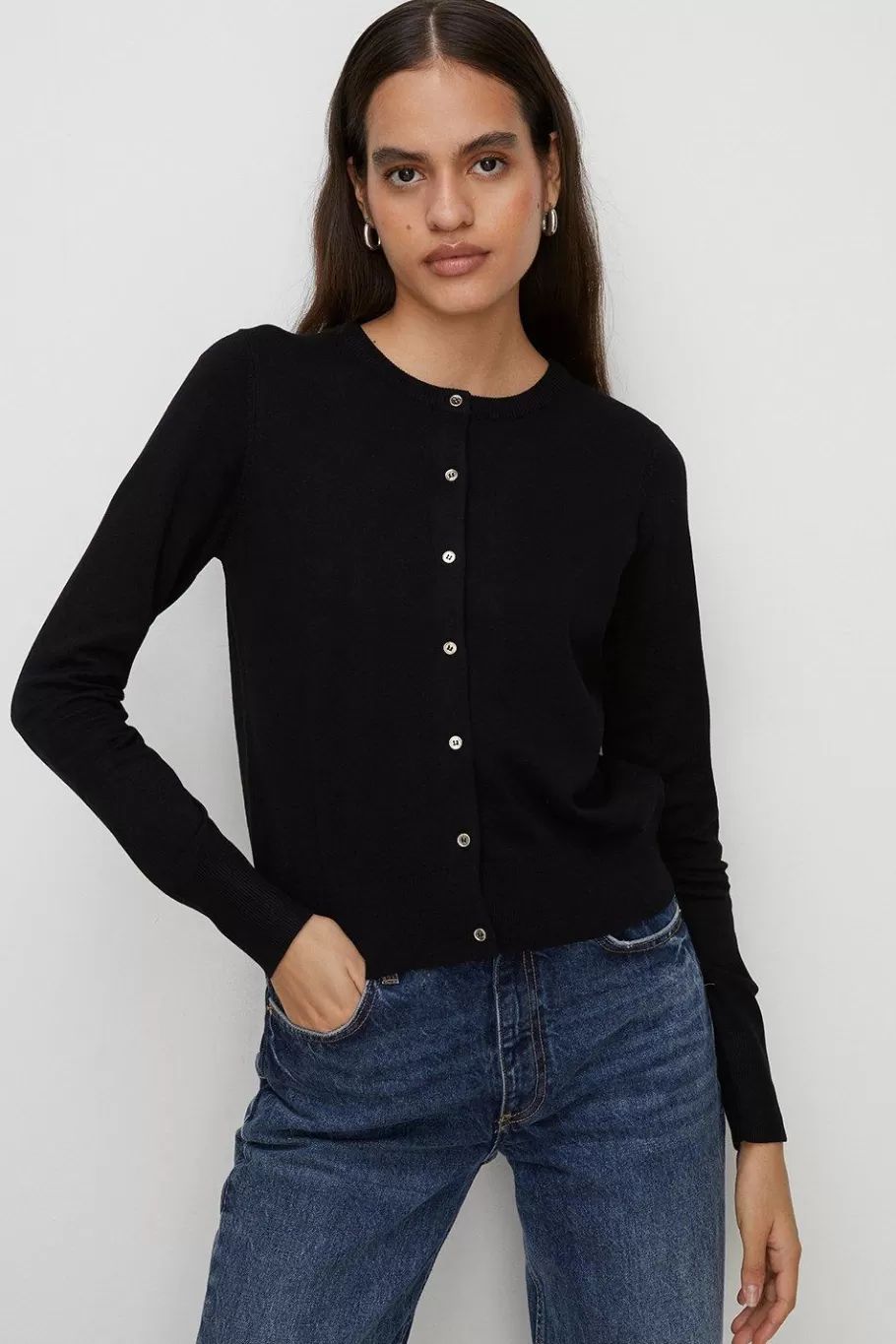 Oasis Knitted Crew Neck Cardigan Black Flash Sale