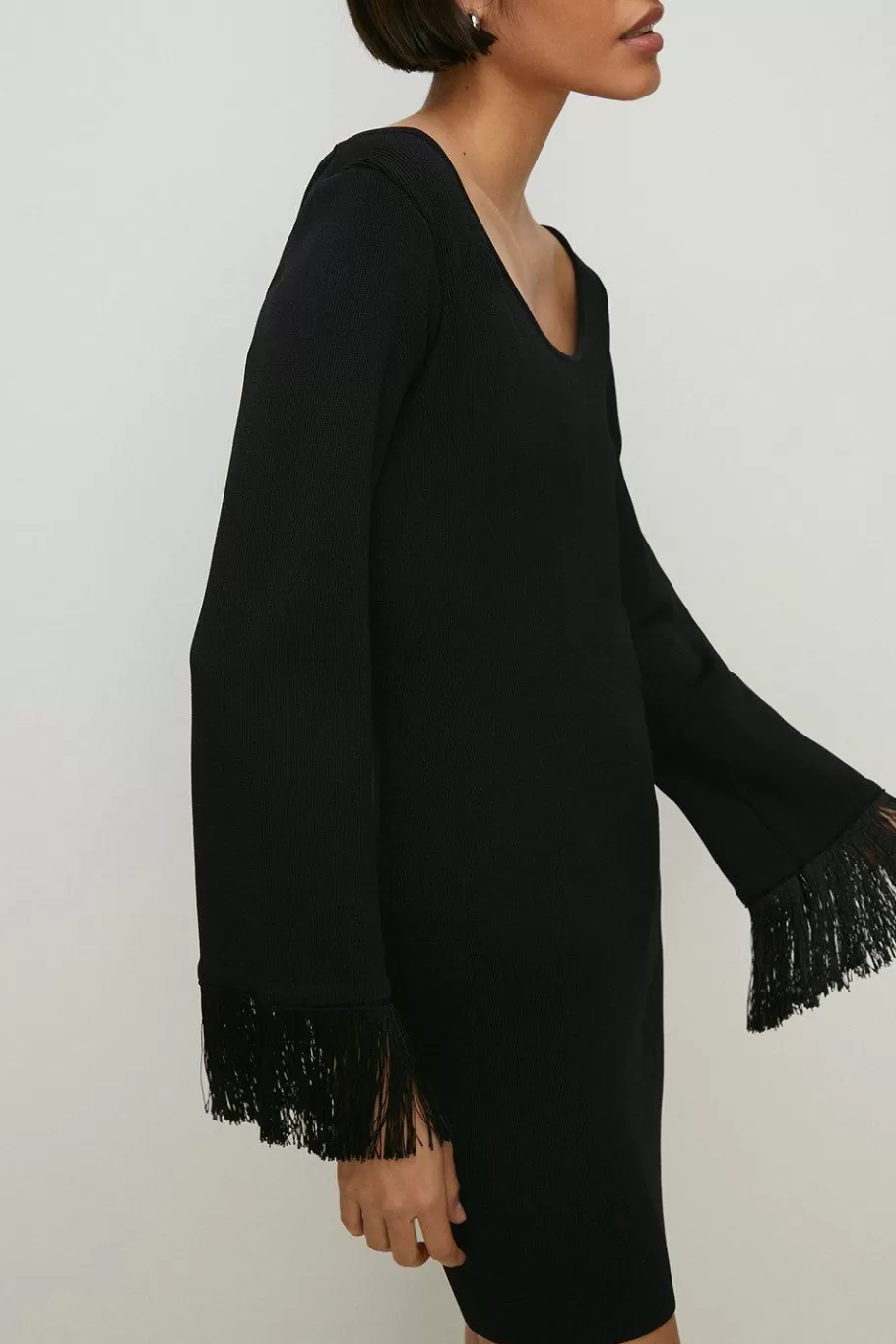 Oasis Knitted Tie Back Fringe Sleeve Mini Dress Black Clearance