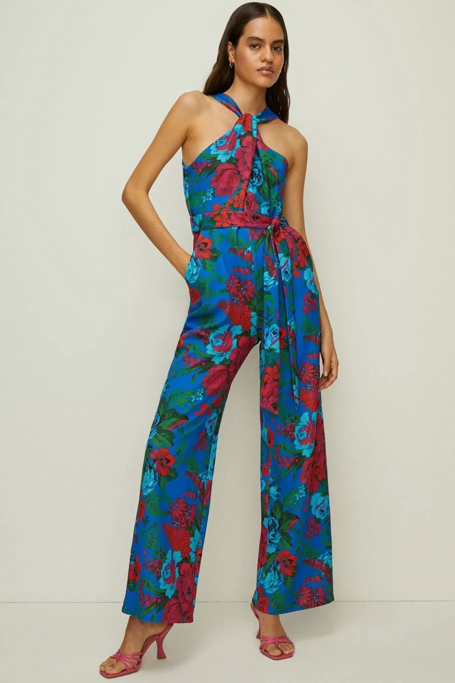 Oasis Knot Detail Bright Floral Scuba Jumpsuit Blue Cheap