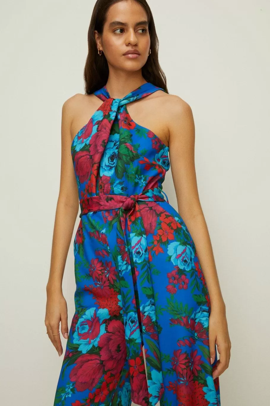 Oasis Knot Detail Bright Floral Scuba Jumpsuit Blue Cheap