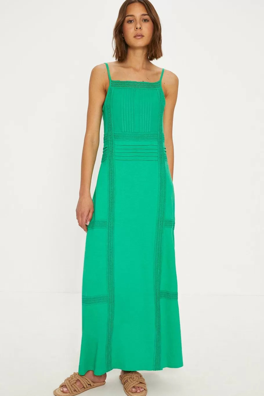 Oasis Lace And Ladder Insert Slub Cotton Maxi Dress Green Best Sale