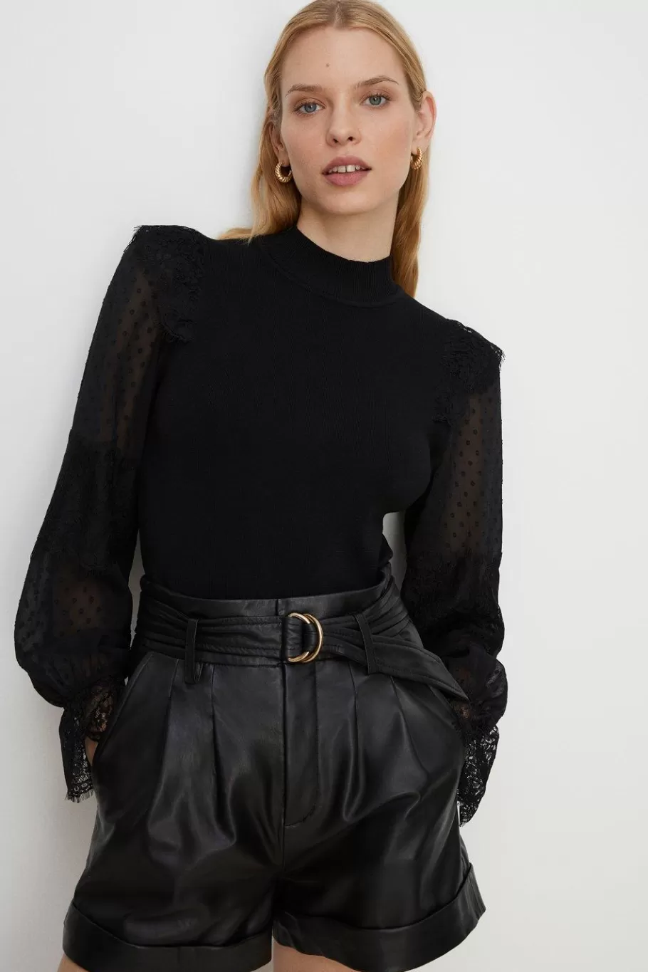 Oasis Lace Detail Woven Mix Jumper Black Fashion