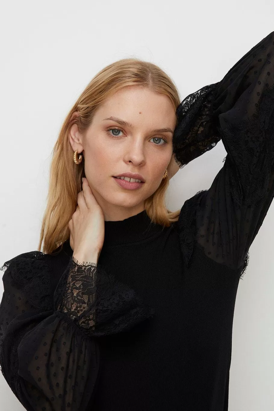 Oasis Lace Detail Woven Mix Jumper Black Fashion