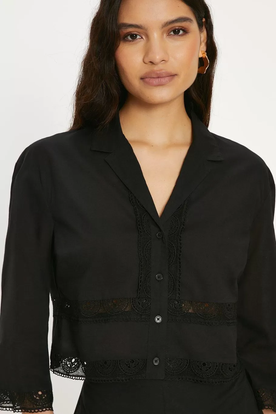 Oasis Lace Insert Cotton Resort Shirt Black Shop