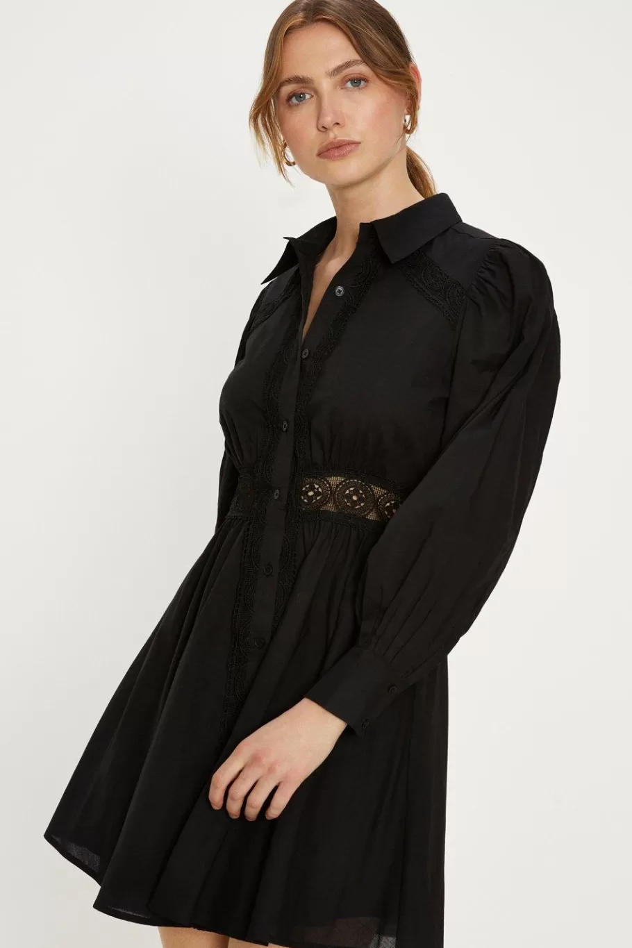 Oasis Lace Insert Cotton Shirt Dress Black Best Sale