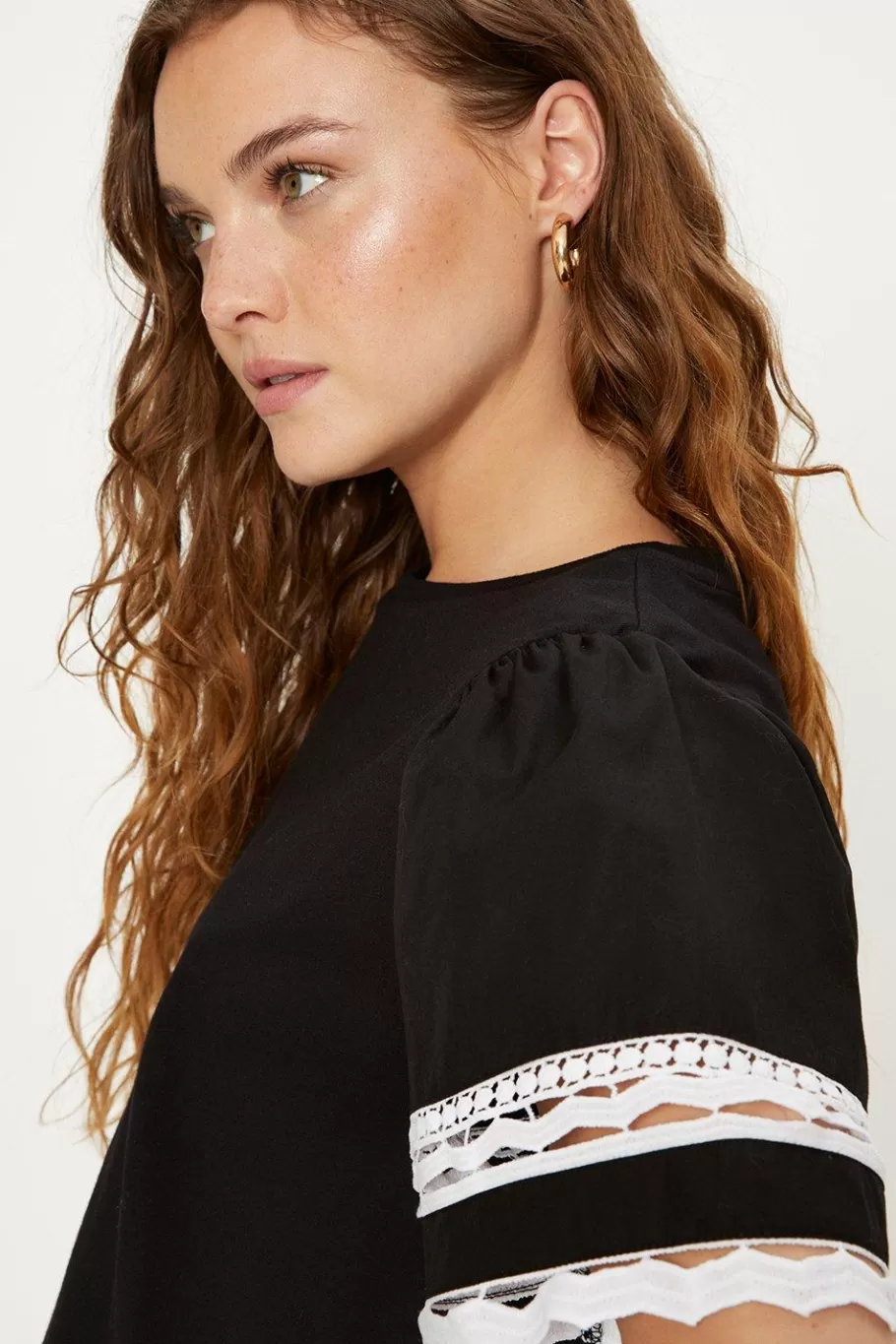 Oasis Lace Insert Poplin Sleeve Top Black Hot