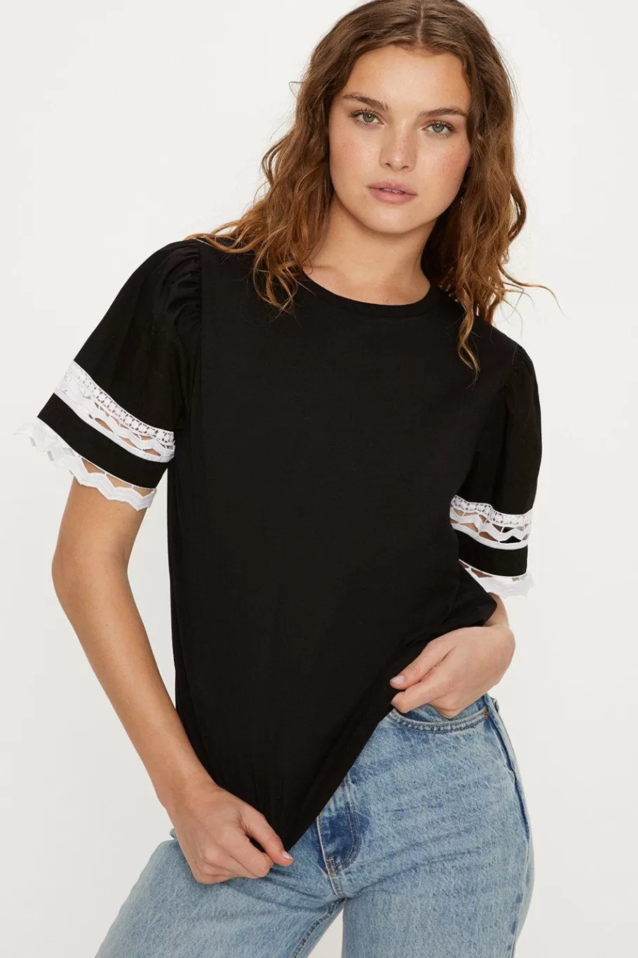 Oasis Lace Insert Poplin Sleeve Top Black Hot