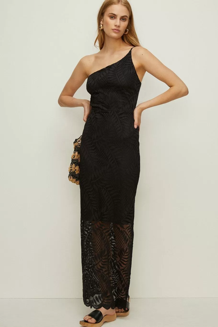 Oasis Lace One Shoulder Cut-Out Back Midi Dress Black Cheap