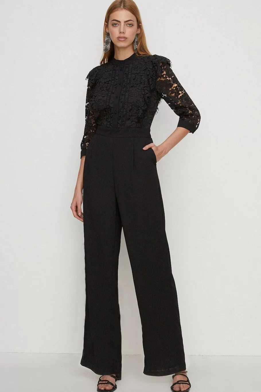 Oasis Lace Ruffle Tailored Jumpsuit Black Flash Sale