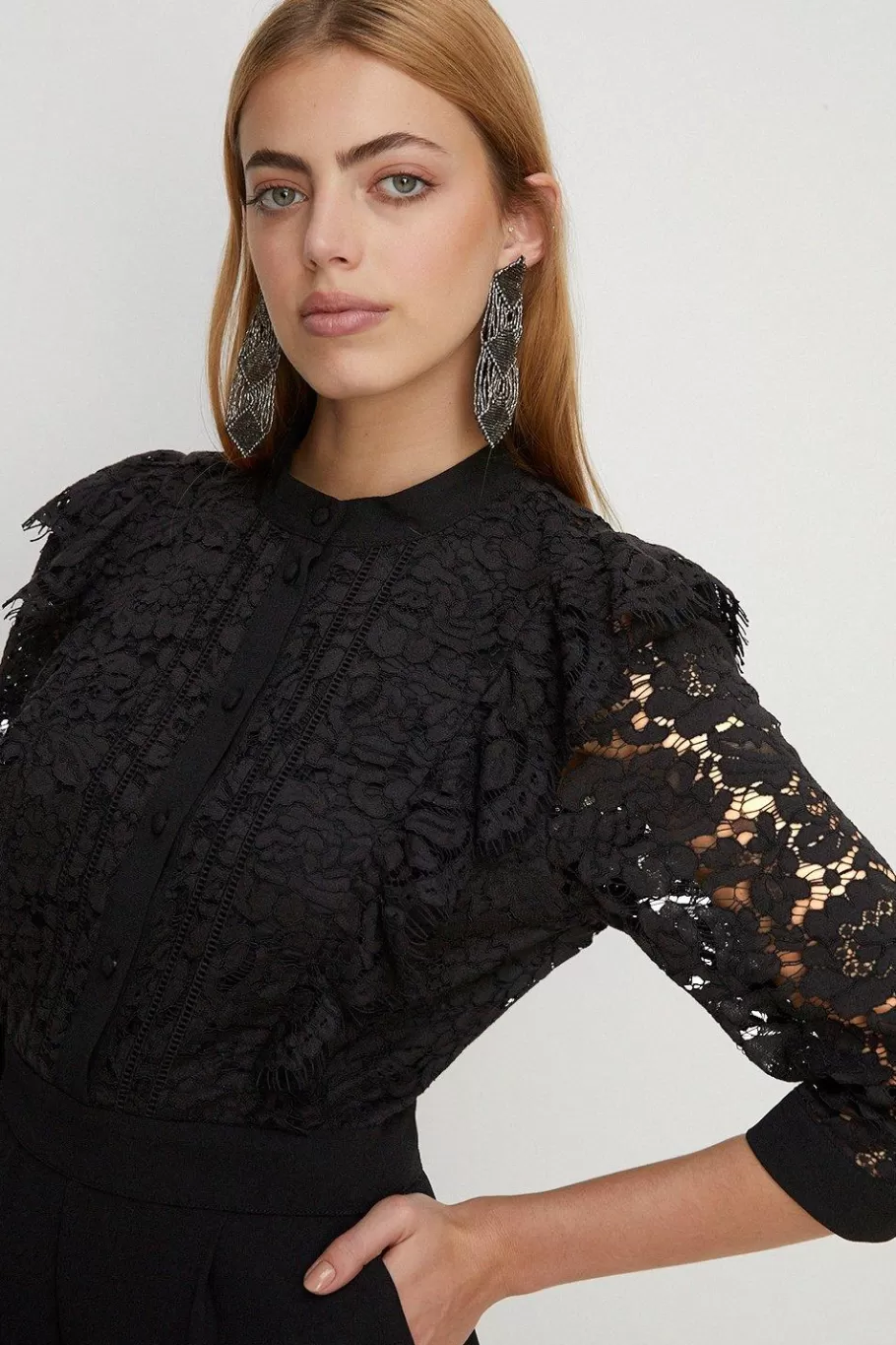 Oasis Lace Ruffle Tailored Jumpsuit Black Flash Sale