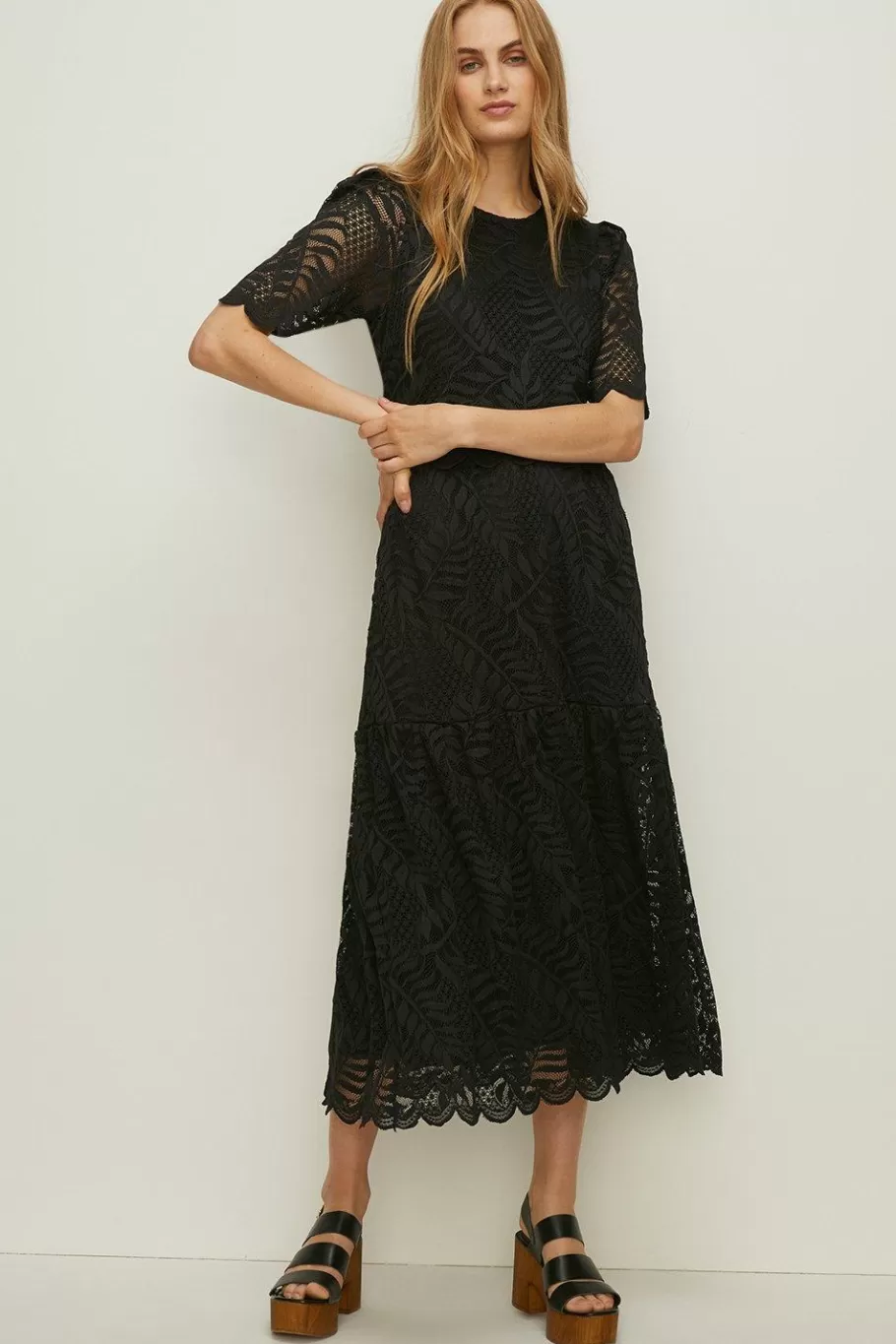 Oasis Lace Scalloped Hem Tiered Midi Dress Black Best