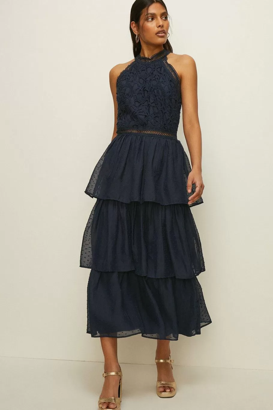 Oasis Lace Tiered Halter Neck Midi Dress Navy Discount