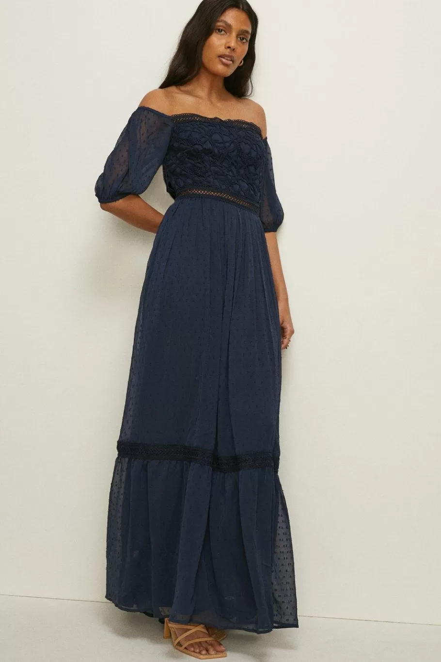 Oasis Lace Trim Dobby Bardot Maxi Dress Navy Fashion