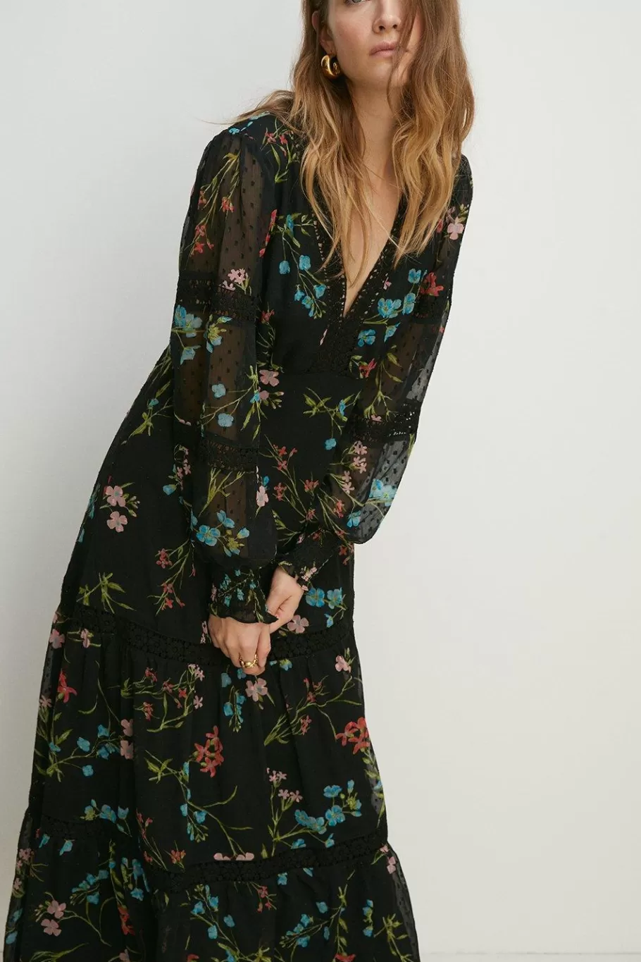 Oasis Lace Trim Dobby Chiffon Floral Print Midi Dress Black Flash Sale