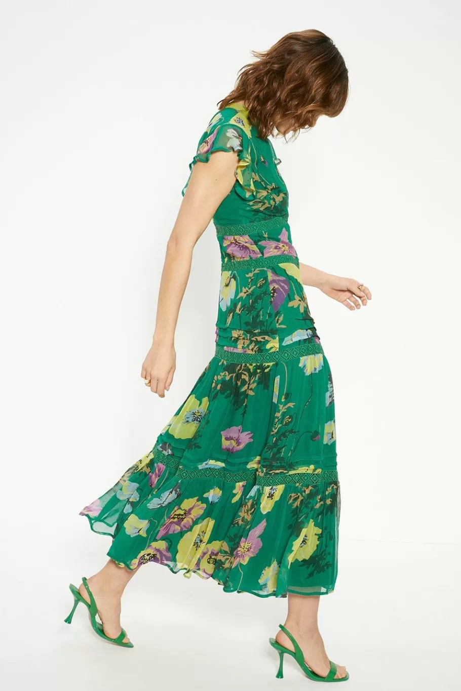 Oasis Lace Trim High Neck Chiffon Floral Midi Dress Green Discount