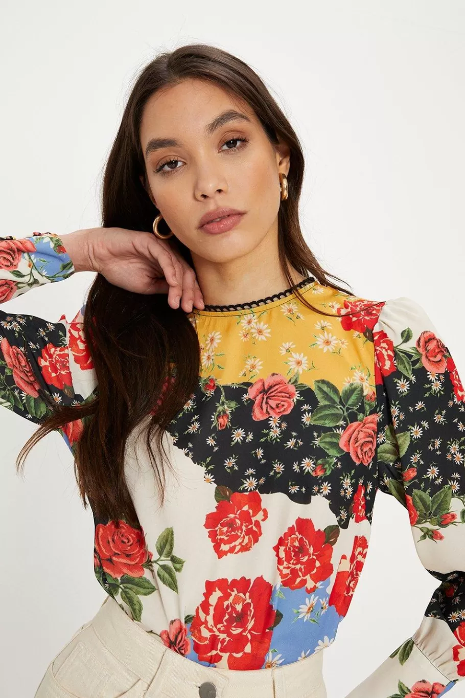 Oasis Lace Trim Long Sleeve Floral Print Blouse Multi Flash Sale