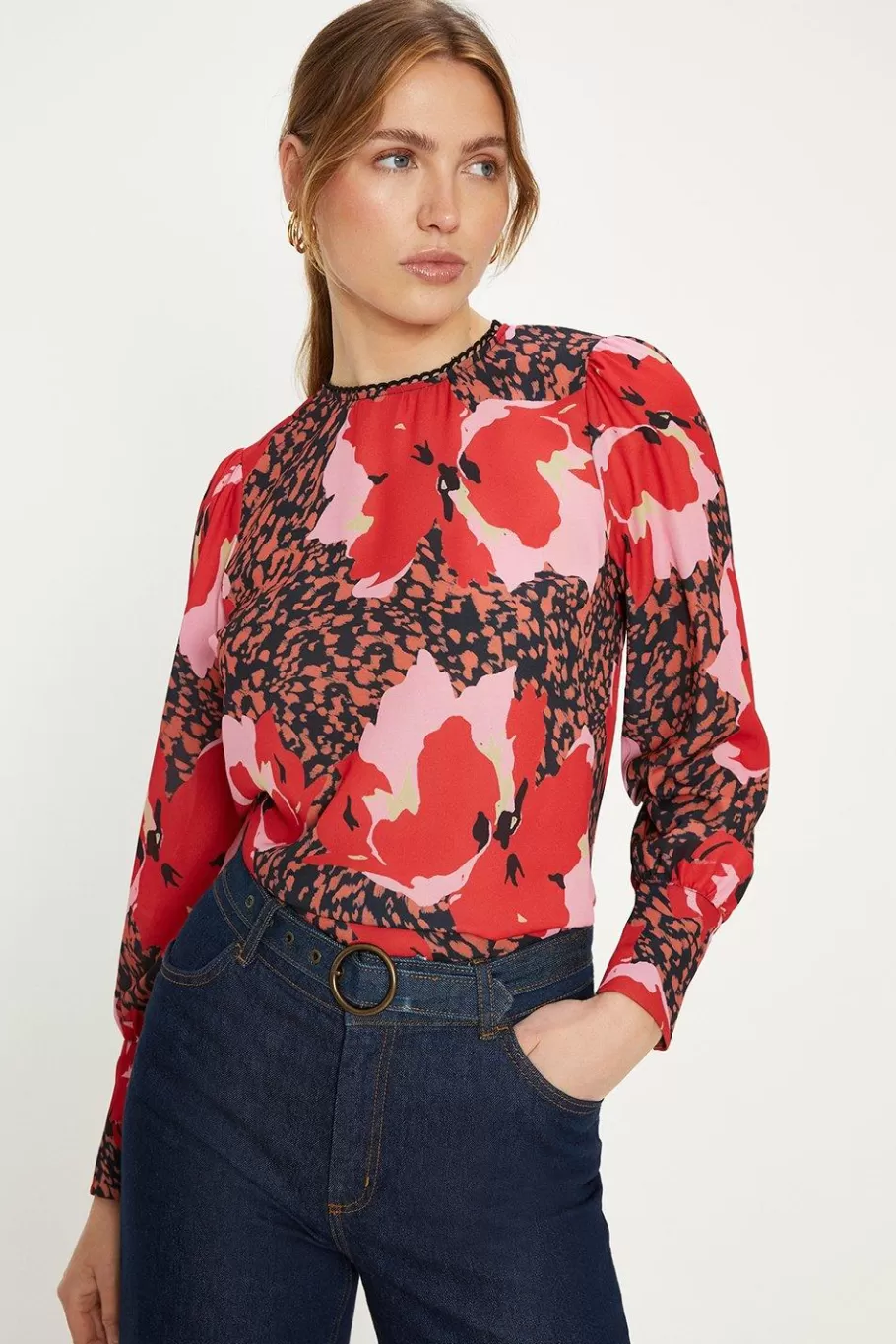 Oasis Lace Trim Long Sleeve Printed Blouse Multi Sale