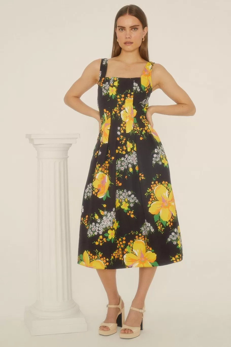 Oasis Large Floral Bodice Midi Dress Black Online