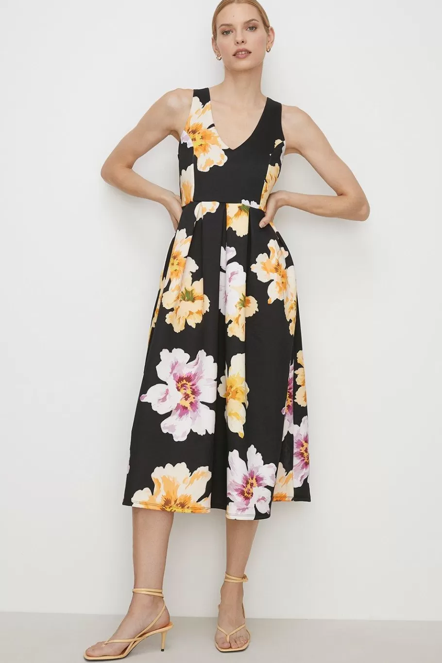 Oasis Large Floral Cross Back Scuba Midi Dress Black Best