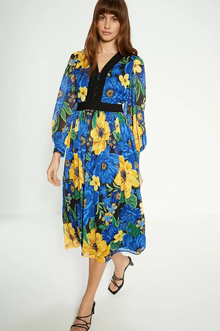 Oasis Large Floral Dobby V Neck Midi Dress Blue Cheap