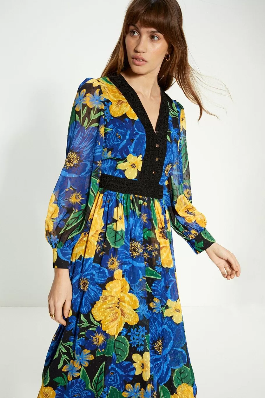 Oasis Large Floral Dobby V Neck Midi Dress Blue Cheap