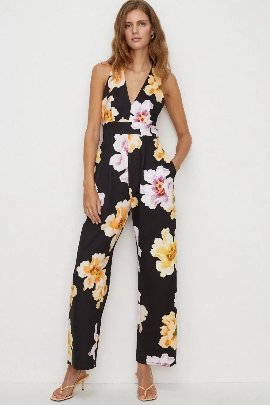 Oasis Large Floral Scuba V Neck Jumpsuit Black Hot