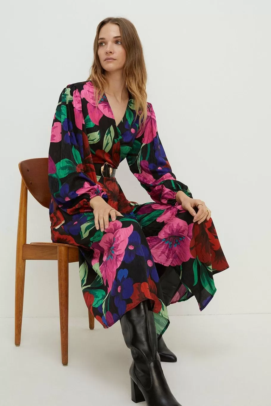 Oasis Large Scale Bold Floral Wrap Midi Dress Multi New