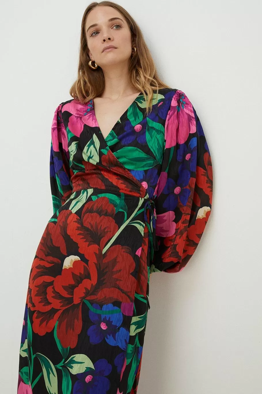 Oasis Large Scale Bold Floral Wrap Midi Dress Multi New