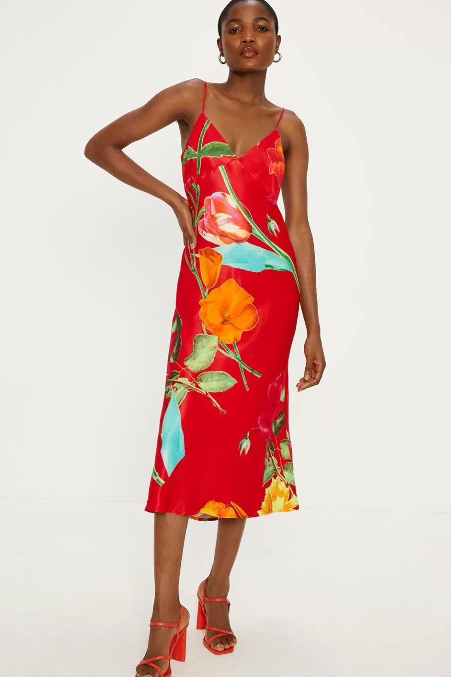 Oasis Large Scale Floral Satin Slip Dress Red Discount