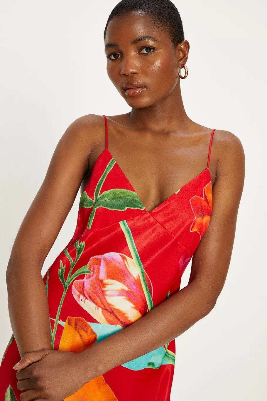 Oasis Large Scale Floral Satin Slip Dress Red Discount