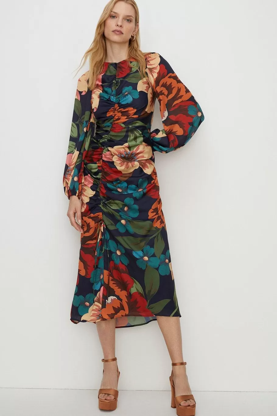 Oasis Large Scaled Floral Ruched Front Midi Dress Multi Cheap