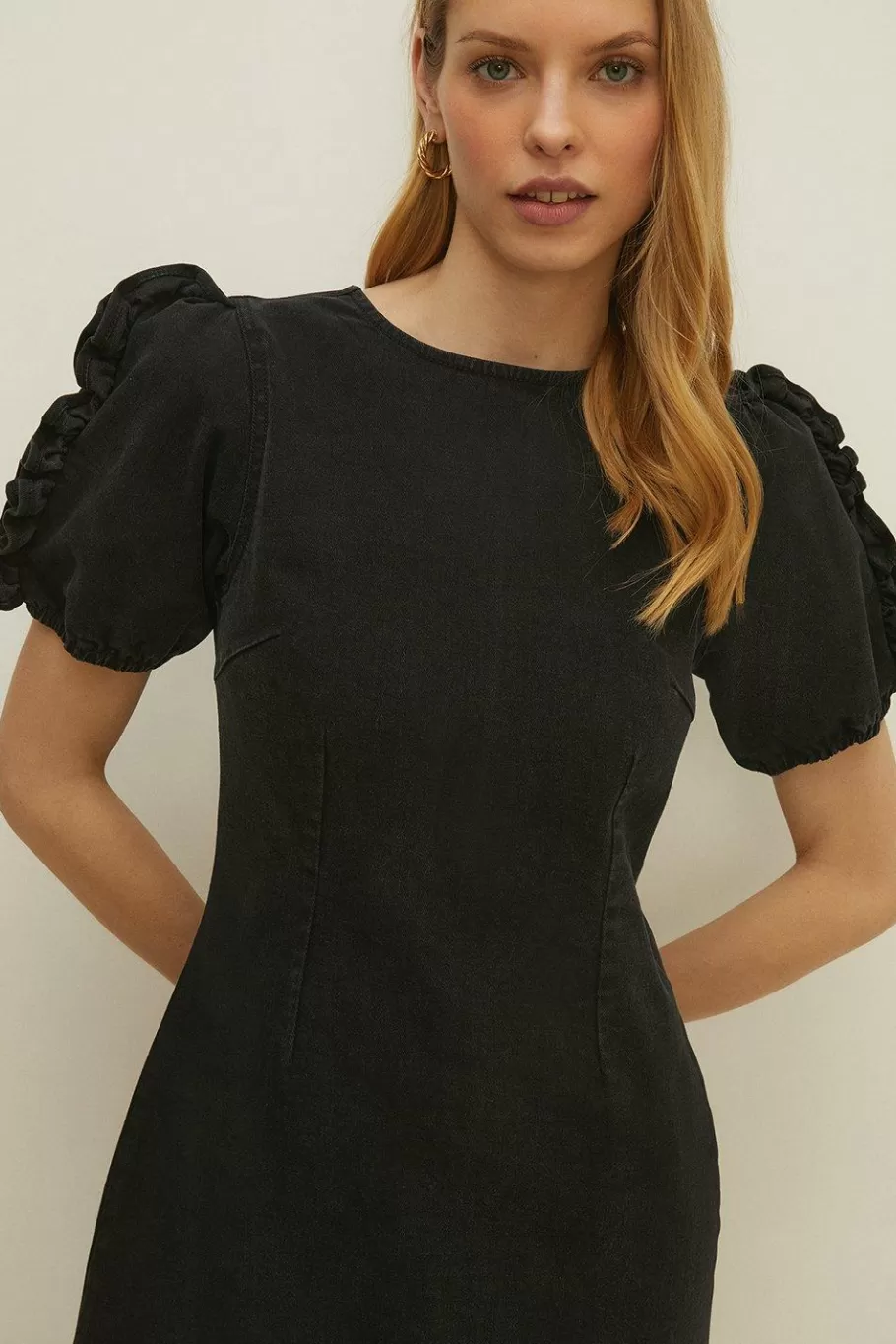 Oasis Laura Whitmore Stretch Denim Ruffle Sleeve Shift Dress Black New