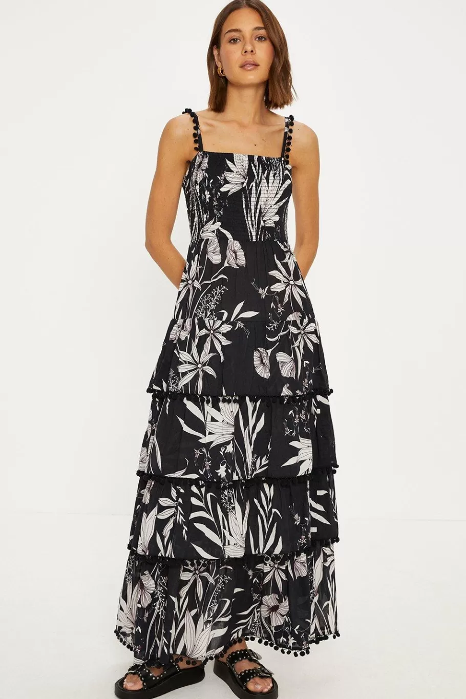 Oasis Leaf Pom Pom Trim Tiered Midi Dress Mono Flash Sale