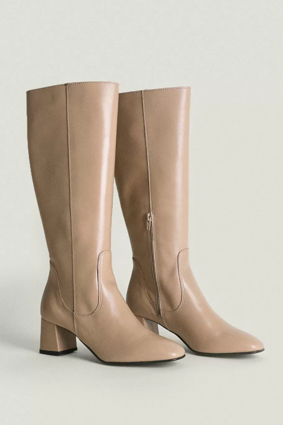 Oasis Leather Block Heel Knee High Boot Beige New